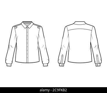 Chemise classique de style militaire illustration technique de la mode avec patte boutonnée, épaulettes, manches longues. Modèle de vêtement de blouse plate avant arrière de couleur blanche. Maquette de haut unisexe pour femmes et hommes Illustration de Vecteur