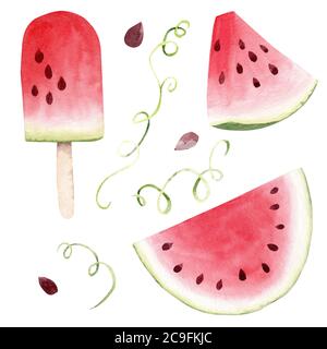 Aquarelle des tranches de pastèque et des popsicles isolés sur fond blanc. Cuisine d'été clipart. Motif, décoration de cuisine, cartes de vœux, fête Banque D'Images