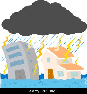 C'est une illustration des bâtiments et des maisons endommagés par de fortes pluies et des inondations Illustration de Vecteur