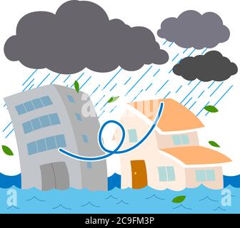 C'est une illustration des bâtiments et des maisons endommagés par de fortes pluies et des inondations Illustration de Vecteur