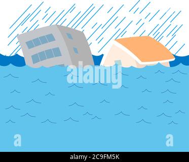 C'est une illustration des bâtiments et des maisons endommagés par de fortes pluies et des inondations Illustration de Vecteur