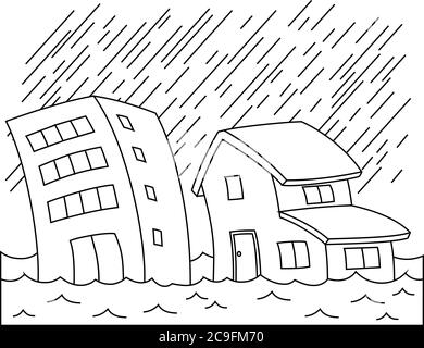 C'est une illustration des bâtiments et des maisons endommagés par de fortes pluies et des inondations Illustration de Vecteur