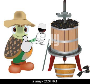 Illustration d'une jolie tortue qui fait du vin à partir de raisin noir Banque D'Images