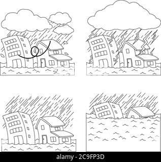 C'est une illustration des bâtiments et des maisons endommagés par de fortes pluies et des inondations Illustration de Vecteur