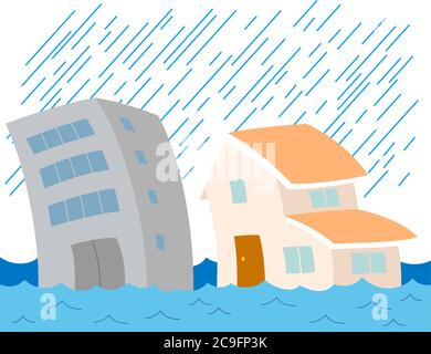 C'est une illustration des bâtiments et des maisons endommagés par de fortes pluies et des inondations Illustration de Vecteur