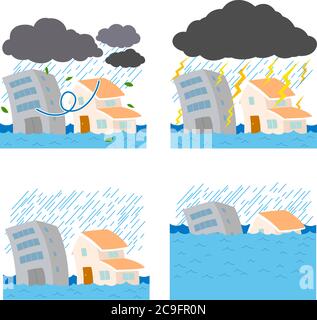 C'est une illustration des bâtiments et des maisons endommagés par de fortes pluies et des inondations Illustration de Vecteur