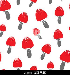 Motif sans couture avec silhouettes aux champignons rouges. Décoration noire. Papier peint Halloween isolé sur blanc. Illustration vectorielle. Clip art naturel d'automne Illustration de Vecteur