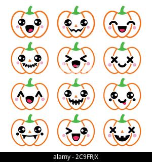 Motif de citrouille d'Halloween - joli personnage kawaii avec un visage joyeux, en colère et effrayant Illustration de Vecteur