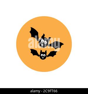 deux chauves-souris drôles de dessin animé noires dans un cercle orange. Icône plate sur fond blanc. Illustration vectorielle Halloween pour enfants. Illustration de Vecteur