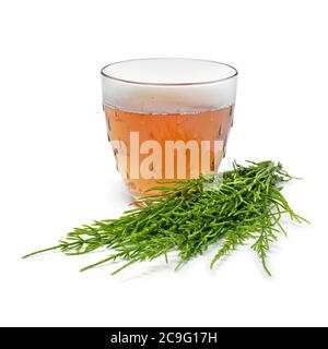 Gobelet Glas avec thé aux herbes au corset et brindilles vertes fraîches isolées sur fond blanc Banque D'Images