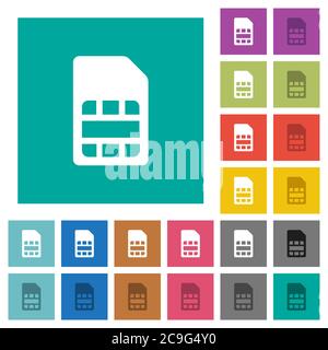 Icônes plates multicolores de la carte SIM sur des fonds carrés simples. Inclut des variantes d'icône blanche et foncée pour les effets de survol ou actifs. Illustration de Vecteur