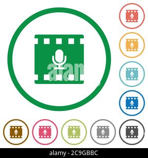 Les icônes de couleur plate de la voix de film sont représentées par des contours ronds sur fond blanc Illustration de Vecteur