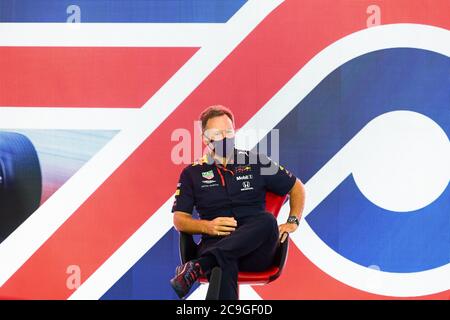 Christian Horner, directeur de l'équipe Red Bull Racing, lors de la conférence de presse lors de la pratique libre du Grand Prix britannique à Silverstone, dans le Northamptonshire. Banque D'Images