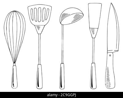 Ensemble de fournitures de cuisine graphique noir blanc isolé croquis vecteur d'illustration Illustration de Vecteur