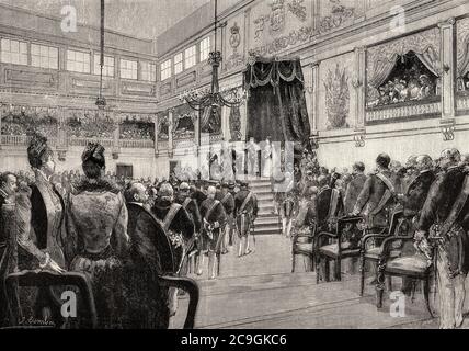 Proclamation du roi Carlos I du Portugal. Palais municipal de Lisbonne, cérémonie de remise des clés de la ville au Roi, 28 décembre 1889, Portugal. Illustration gravée de la Ilustracion Española y Americana datant du XIXe siècle 1890 Banque D'Images