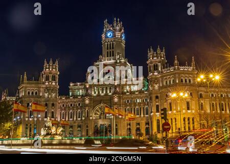 Madrid bâtiment principal de poste la nuit, Espagne Banque D'Images