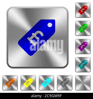 Étiquette de prix en livres icônes gravées sur des boutons carrés arrondis en acier brillant Illustration de Vecteur