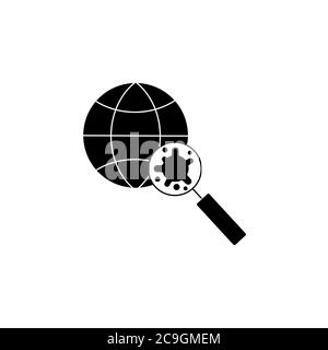 Virus, bactéries à travers une loupe sur l'icône du globe, symbole, signe. Coronavirus, COVID-19 icône, logo noir sur fond blanc. 2019-ncov Illustration de Vecteur