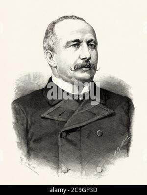 Portrait de Germán Gamazo y Calvo (Boecillo 1840 - Madrid 1901) avocat espagnol, homme politique, ministre du développement sous le règne d'Alfonso XII, le Trésor et l'outre-mer sous la régence de María Cristina de Habsburgo-Lorena, Espagne. Illustration gravée de la Ilustracion Española y Americana datant du XIXe siècle 1890 Banque D'Images