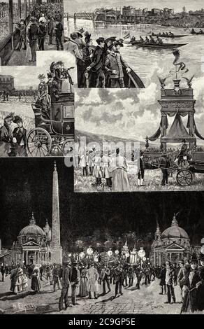 Célébrations du 1890 mai à Rome. Umberto I inaugurant la cible nationale de tir, regattas sur le Tibre, course hippique hippodrome à Tor di Quinto, le traditionnel fiaccolata sur la Piazza del Popolo, Italie. Illustration gravée de la Ilustracion Española y Americana datant du XIXe siècle 1890 Banque D'Images