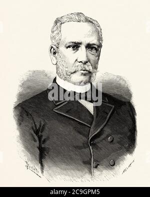 Portrait de Santos Isasa y Valseca (Montoro 1822 - Madrid 1907) avocat et homme politique espagnol, ministre des travaux publics et présidence de la Cour suprême pendant la régence de María Cristina de Habsburgo-Lorena, Espagne. Illustration gravée de la Ilustracion Española y Americana datant du XIXe siècle 1890 Banque D'Images