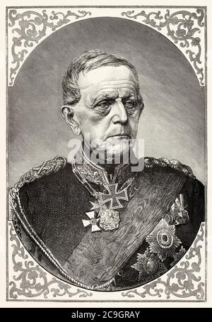 Portrait de Helmuth Karl Bernhard Comte von Moltke (1800 - 1891) maréchal allemand, chef de l'état-major général prussien, connu sous le nom de Moltke l'ancien, Allemagne. Illustration gravée de la Ilustracion Española y Americana datant du XIXe siècle 1890 Banque D'Images