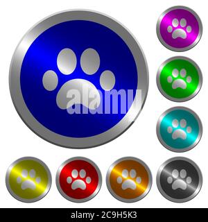 Paw imprime des icônes sur des boutons ronds lumineux en acier Illustration de Vecteur