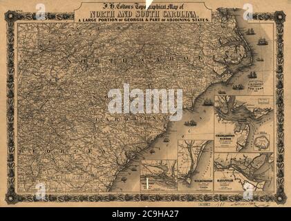 Carte topographique de la Caroline du Nord et du Sud de J. H. Colton. Une grande partie de la Géorgie et une partie des États voisins. Entrée en vertu de l'Acte du Congrès en l'an 1861 par J.H. Colton. Banque D'Images