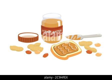 Tartiner le beurre d'arachide sur le pain avec un couteau à beurre. Beurre d'arachide, noix d'arachide et pain isolés sur fond blanc. Illustration de Vecteur