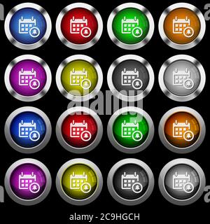Icônes blanches d'alarme de calendrier dans des boutons ronds brillants avec des cadres en acier sur fond noir. Les boutons sont en deux styles différents et huit couleurs. Illustration de Vecteur