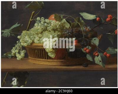 Jacob Foppens van es - encore la vie de raisin bleu et blanc avec des fraises sauvages, le tout dans un fond sur une corniche en bois. Banque D'Images