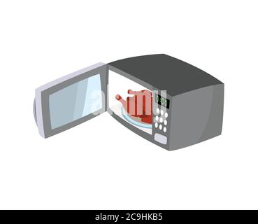 Four à micro-ondes ouvrir la porte avec du poulet à l'intérieur. Illustration de Vecteur