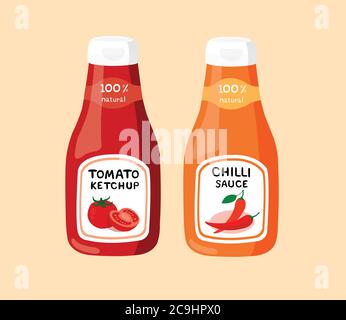 Ketchup à la tomate et sauce Chili isolés sur fond de crème. Ketchup à la tomate et sauce Chili adaptés pour manger avec une variété d'aliments. Illustration de Vecteur