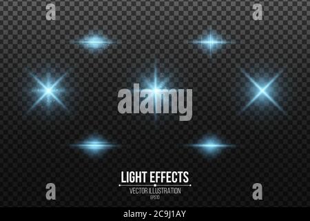 Ensemble d'effets de lumière bleue isolés sur un arrière-plan sombre et transparent. Des étoiles brillantes et de la poussière éclatante. Éléments scintillants. Illustration vectorielle. SPE 10 Illustration de Vecteur