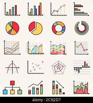 Style vectoriel plat coloré icônes isolées de graphiques, schémas, calendriers Illustration de Vecteur