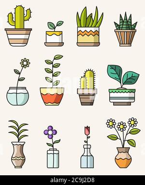 Vector isolé plat style icônes colorées de fleurs et de plantes d'accueil Illustration de Vecteur