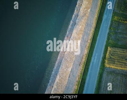 Niveaux de la rive de la rivière, à partir de l'eau de l'extrême gauche, jusqu'à la rive de gravier, le remblai et la route d'asphalte et les champs cultivés à droite, photogr Banque D'Images