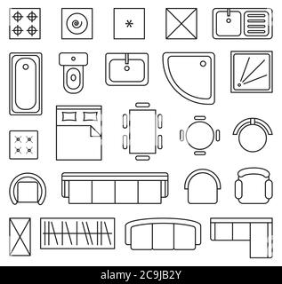 Ensemble vectoriel de contours isolé intérieur design plans d'étage icônes d'objets Illustration de Vecteur