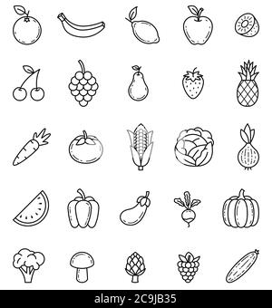 Les fruits et les légumes présentent des icônes vectorielles isolées Illustration de Vecteur