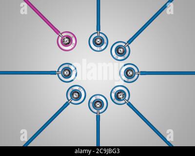 Stéthoscopes rose et bleu dans un cercle sur fond gris. Banque D'Images