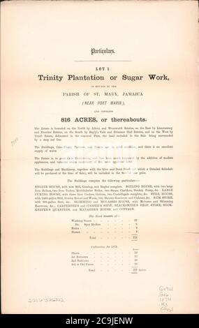 Jamaïque, détails et conditions de vente de la précieuse propriété de sucre - connue sous le nom de «Trinity Plantation», «Roslyn Pen», «Cromwell Plantation» et «Cromwell Mountain», tous les sutuates de la paroisse de St. Banque D'Images