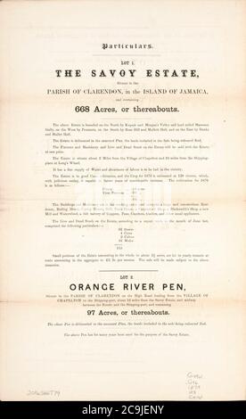 Jamaïque, détails et conditions de vente d'une précieuse propriété de sucre - connue sous le nom de Savoie, avec une série de terres appelée Orange River Pen, dans la paroisse de Clarendon, dans l'île de la Jamaïque, Banque D'Images