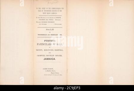 Jamaïque, détails et conditions de vente de la précieuse propriété de sucre - connue sous le nom de «Trinity Plantation», «Roslyn Pen», «Cromwell Plantation» et «Cromwell Mountain», tous les sutuates de la paroisse de St. Banque D'Images