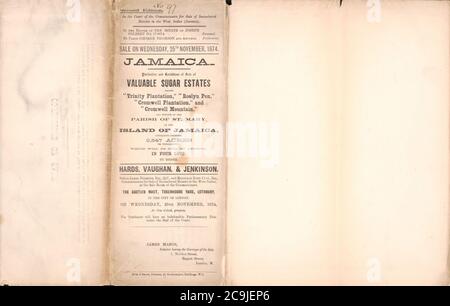 Jamaïque, détails et conditions de vente de la précieuse propriété de sucre - connue sous le nom de «Trinity Plantation», «Roslyn Pen», «Cromwell Plantation» et «Cromwell Mountain», tous les sutuates de la paroisse de St. Banque D'Images