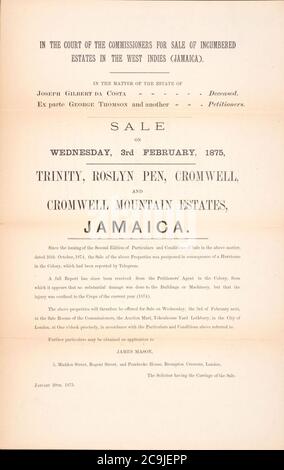 Jamaïque, détails et conditions de vente de la précieuse propriété de sucre - connue sous le nom de «Trinity Plantation», «Roslyn Pen», «Cromwell Plantation» et «Cromwell Mountain», tous les sutuates de la paroisse de St. Banque D'Images