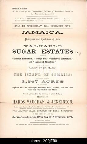 Jamaïque, détails et conditions de vente de la précieuse propriété de sucre - connue sous le nom de «Trinity Plantation», «Roslyn Pen», «Cromwell Plantation» et «Cromwell Mountain», tous les sutuates de la paroisse de St. Banque D'Images