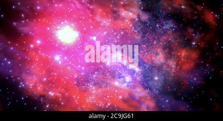 Illustration d'un champ d'étoiles fictif, de nébuleuses sombres, d'un soleil éclatant et de galaxies. Banque D'Images