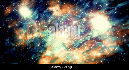 Illustration d'un champ d'étoiles fictif, de nébuleuses sombres, d'un soleil éclatant et de galaxies. Banque D'Images