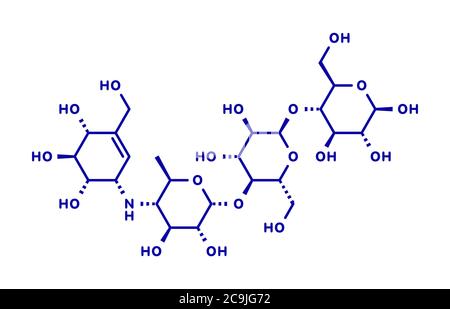 Molécule de médicament de diabète d'acarbose. Bloque la digestion des glucides en inhibant les enzymes alpha-glucosidase. Formule squelettique bleue sur fond blanc. Banque D'Images