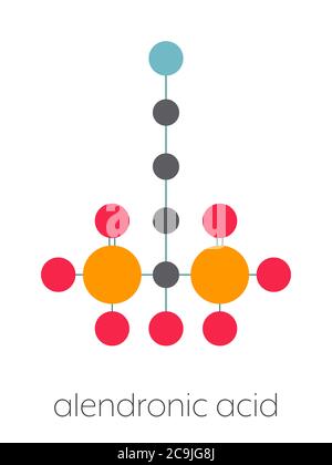 Acide alendronique (classe alendronate, bisphosphonate) molécule de médicament pour l'ostéoporose. Formule squelettique stylisée (structure chimique). Les atomes sont représentés par col Banque D'Images
